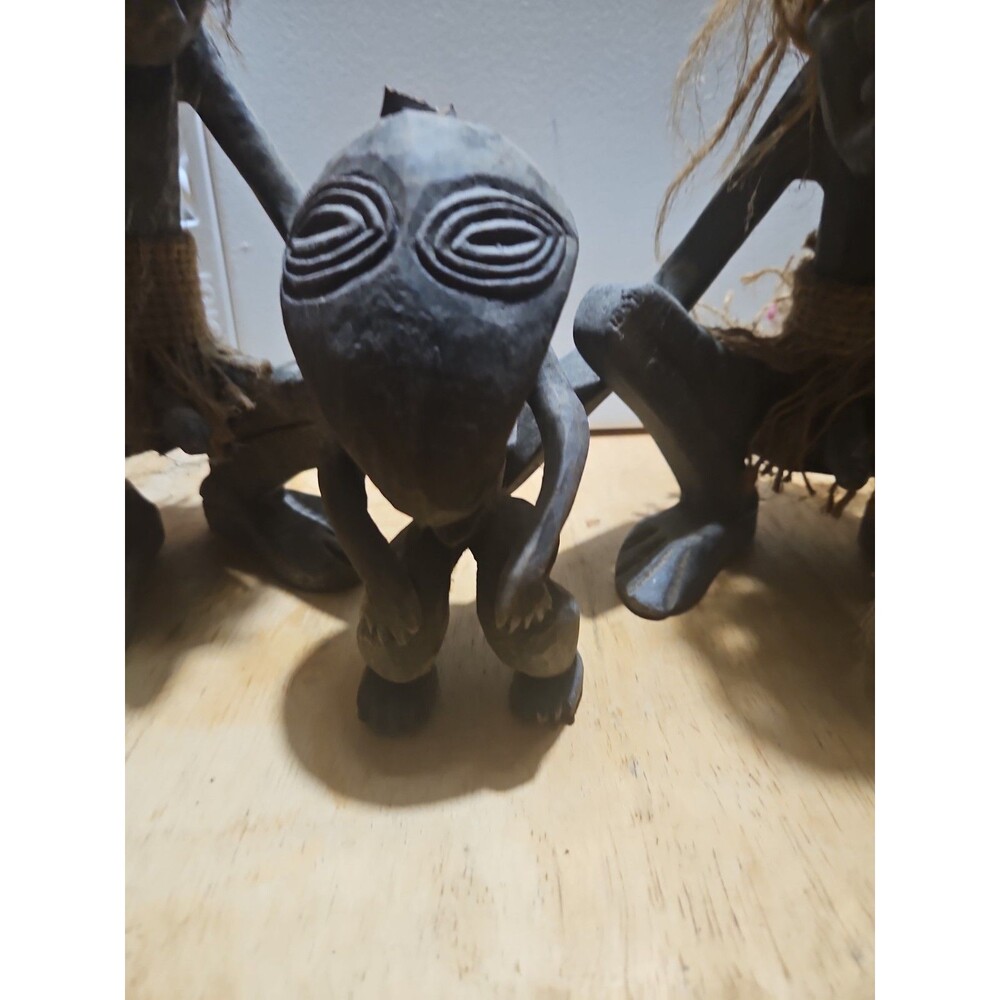 Set Of 3 Tiki African‎ Wood Carved Male Figurines With Crazy Looking Little Guy